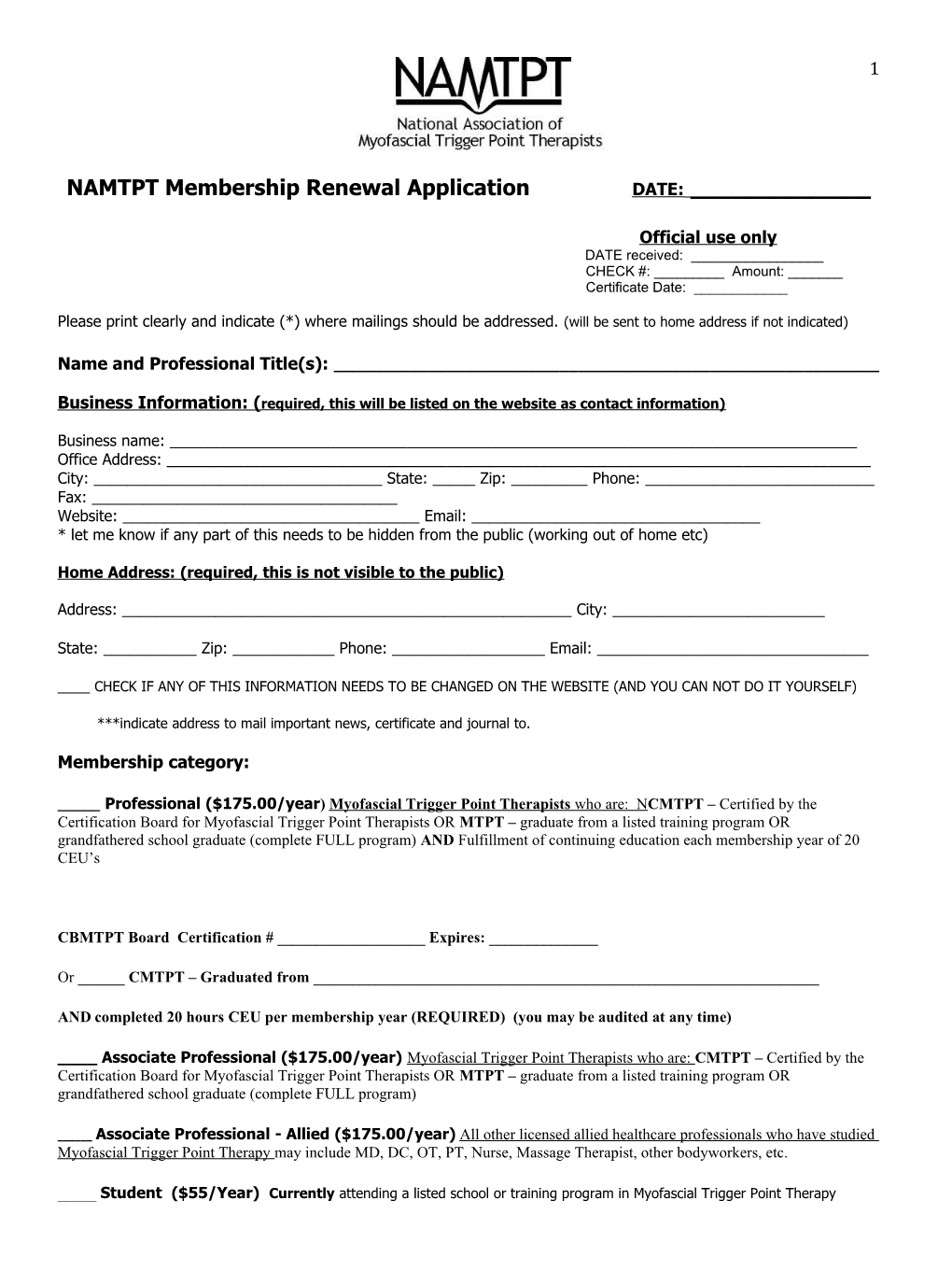NAMTPT Membership Renewal Application DATE: ______