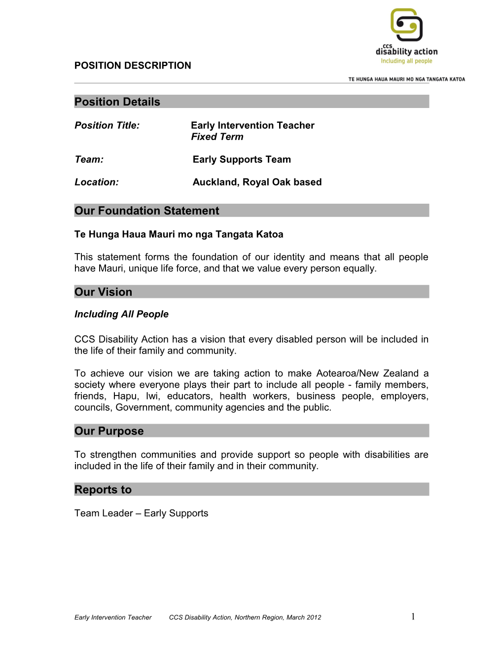 Position Title:Early Intervention Teacher