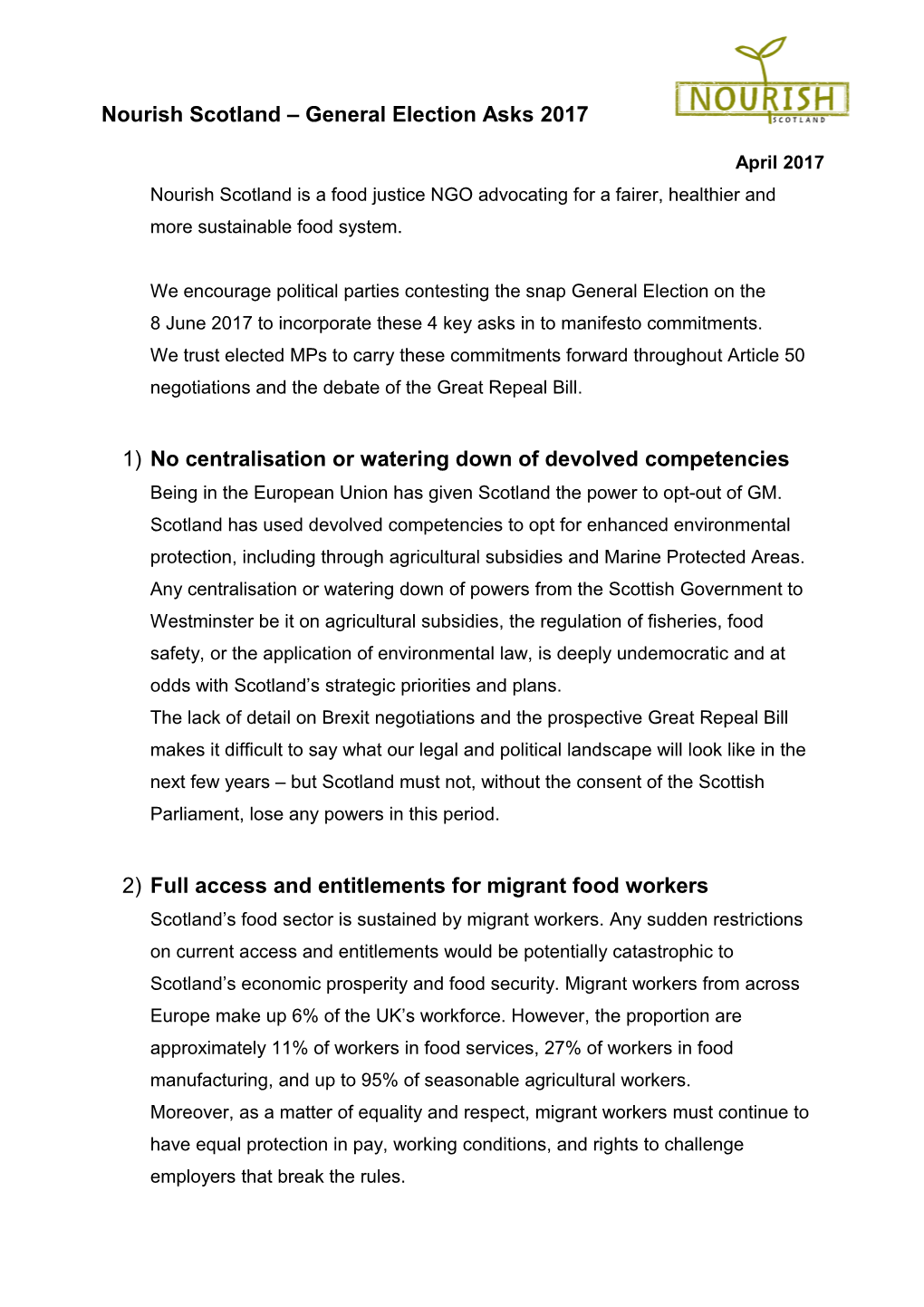 Nourish Scotland General Election Asks 2017