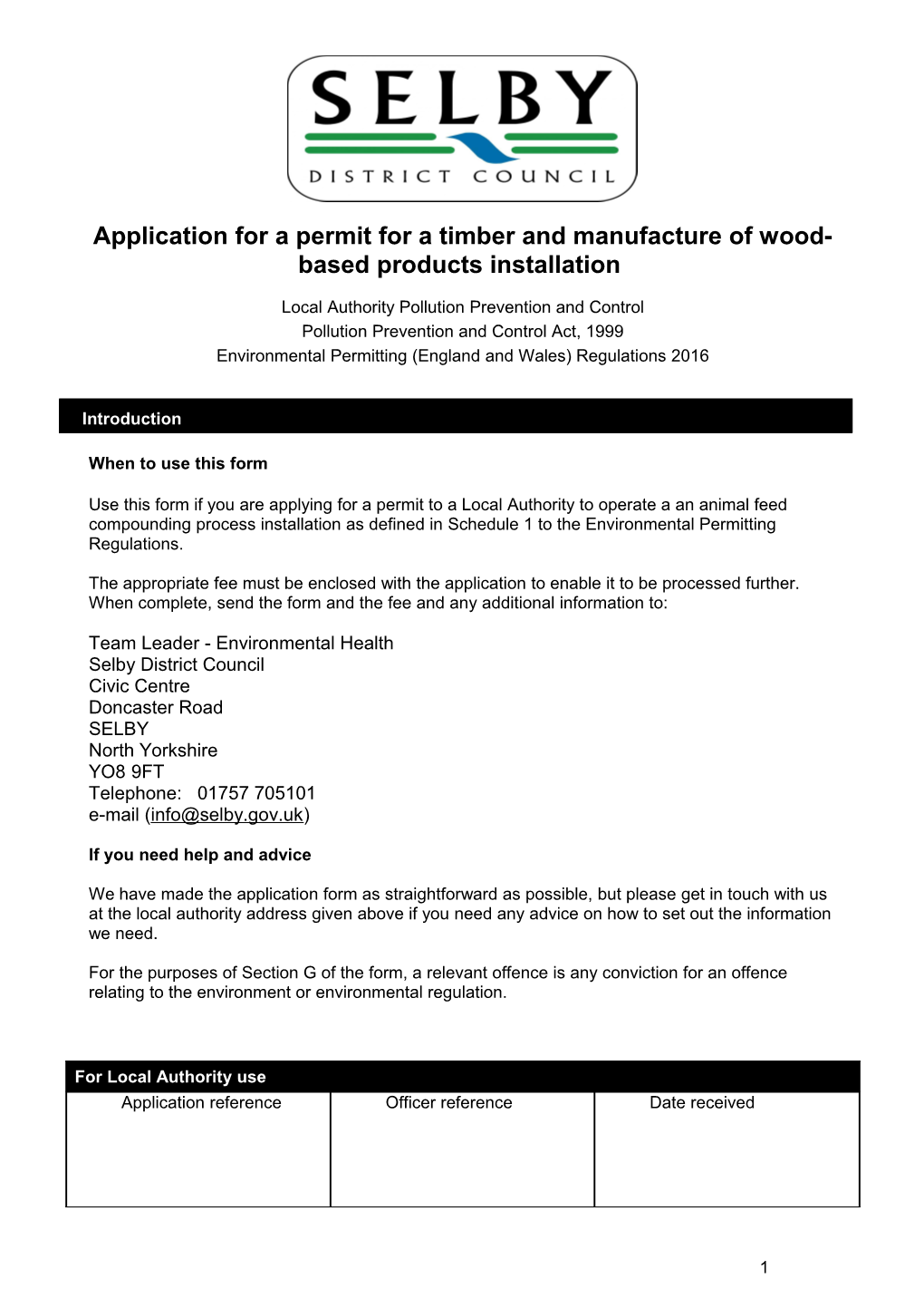 Application for a Permit for a Timber and Manufacture of Wood-Based Products Installation