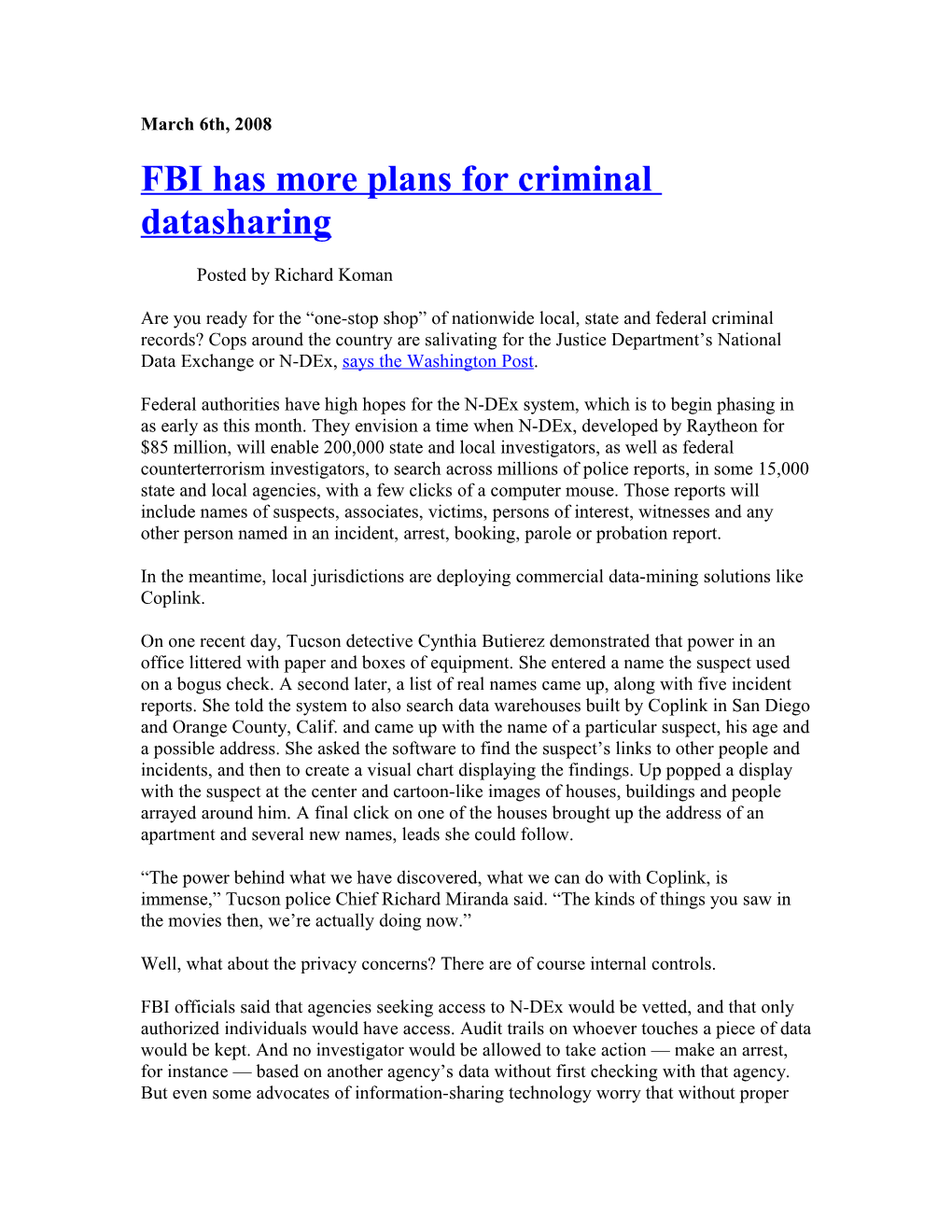 FBI Has More Plans for Criminal Datasharing