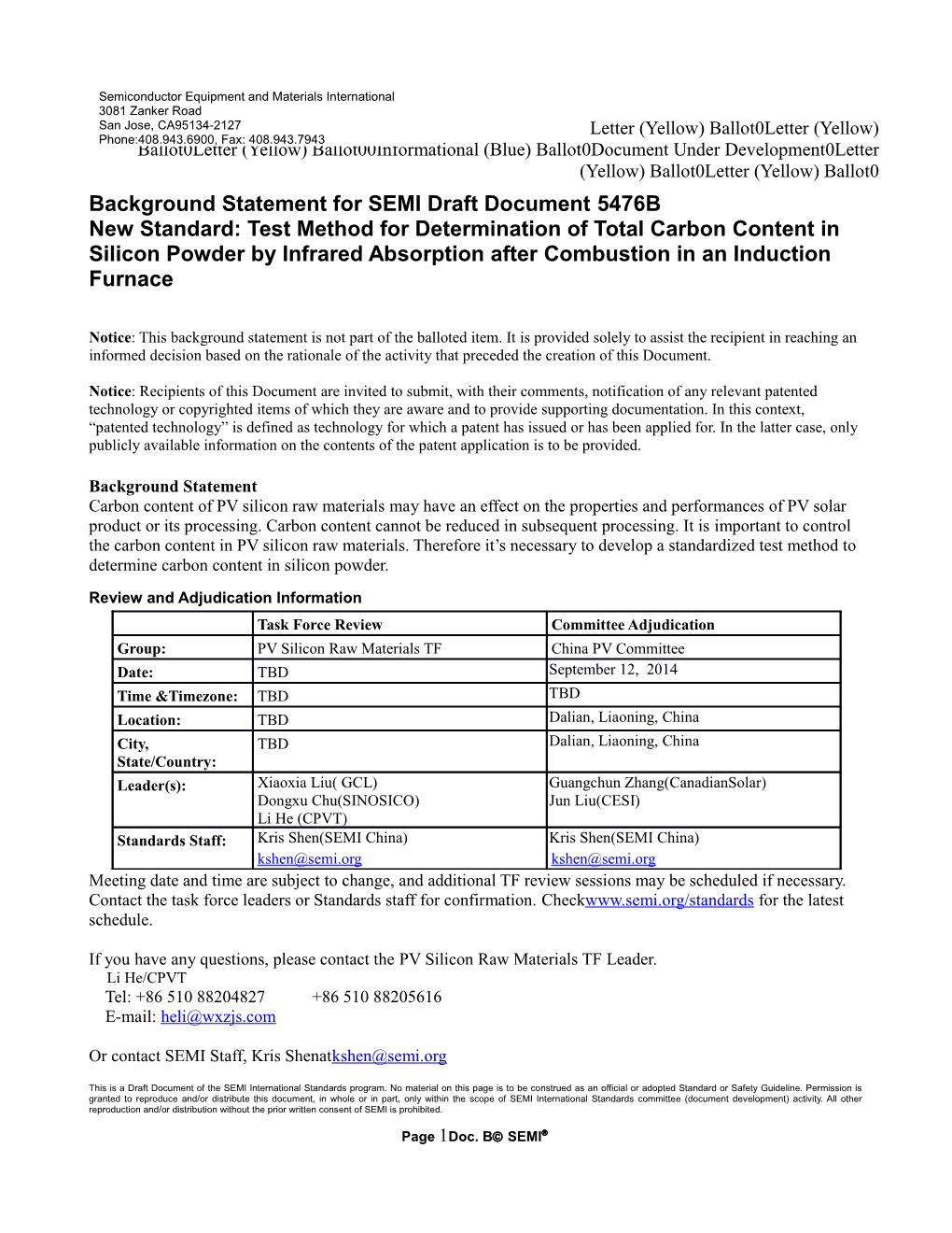 Background Statement for SEMI Draft Document 5476B