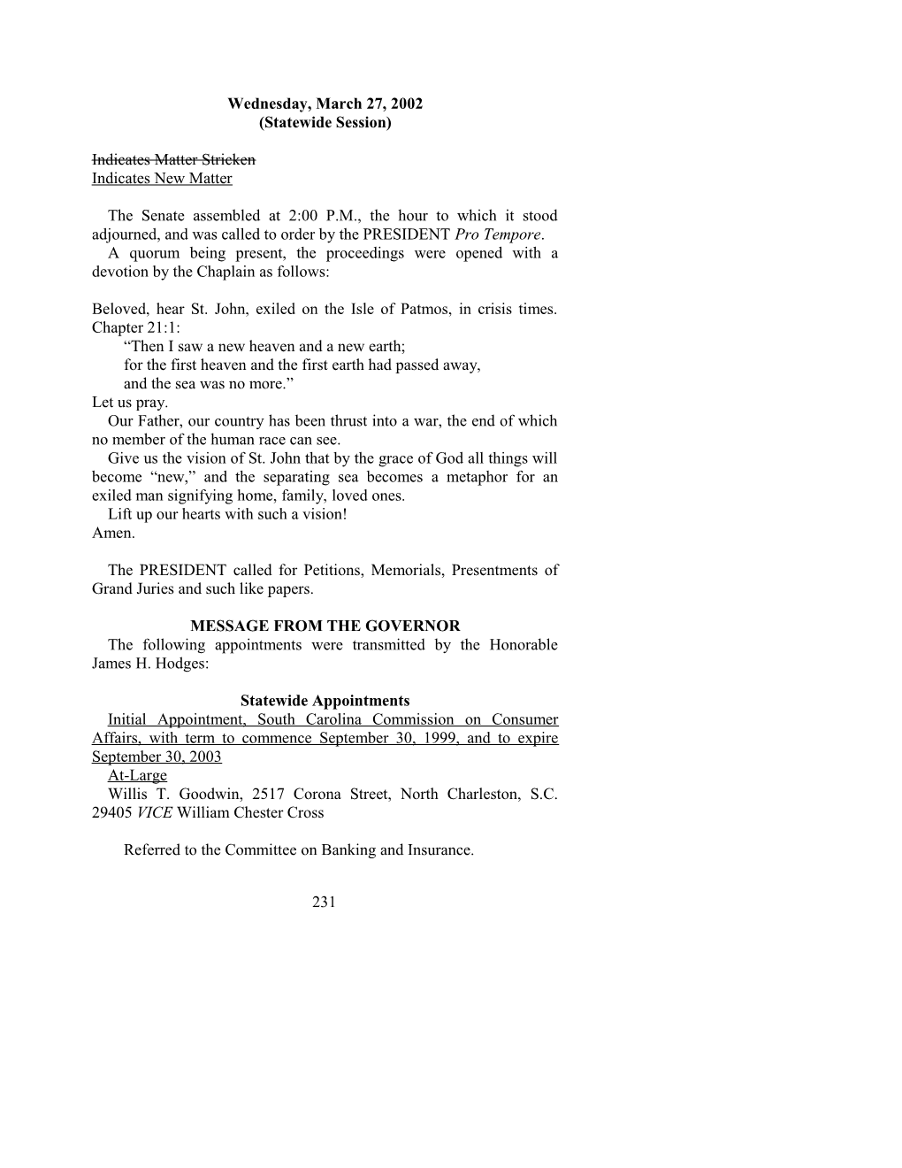 Senate Journal for Mar. 27, 2002 - South Carolina Legislature Online