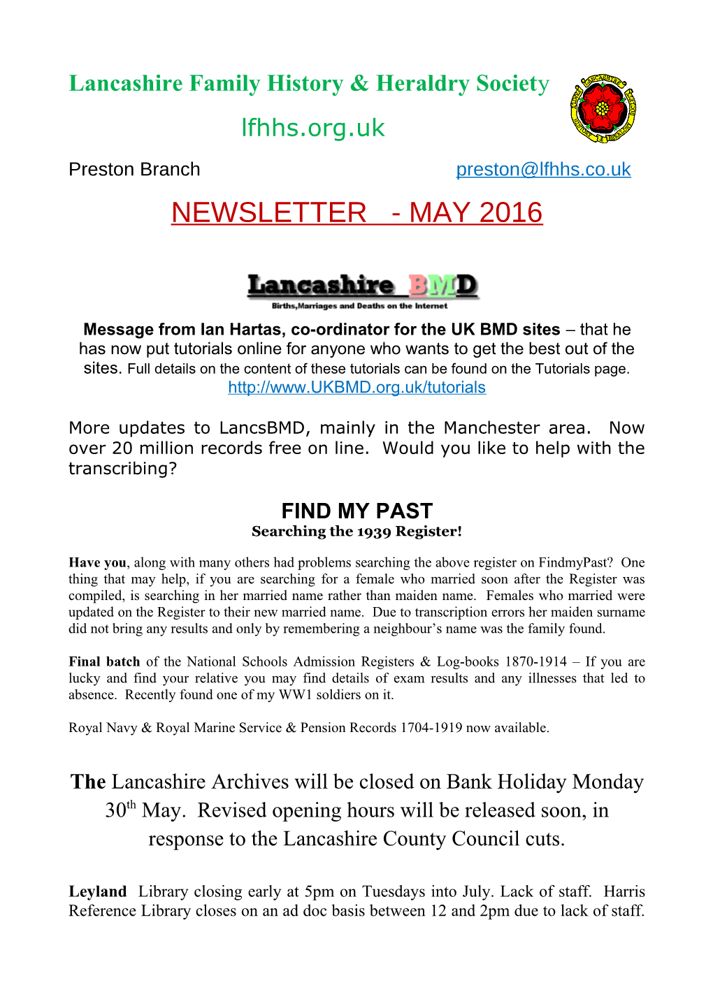 Lancashire Family History & Heraldry Societ Y