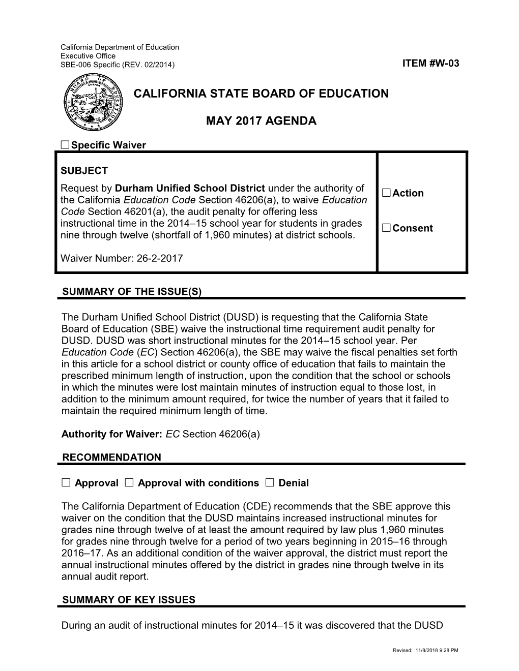 May 2017 Agenda Item W-03 - Meeting Agendas (CA State Board of Education)