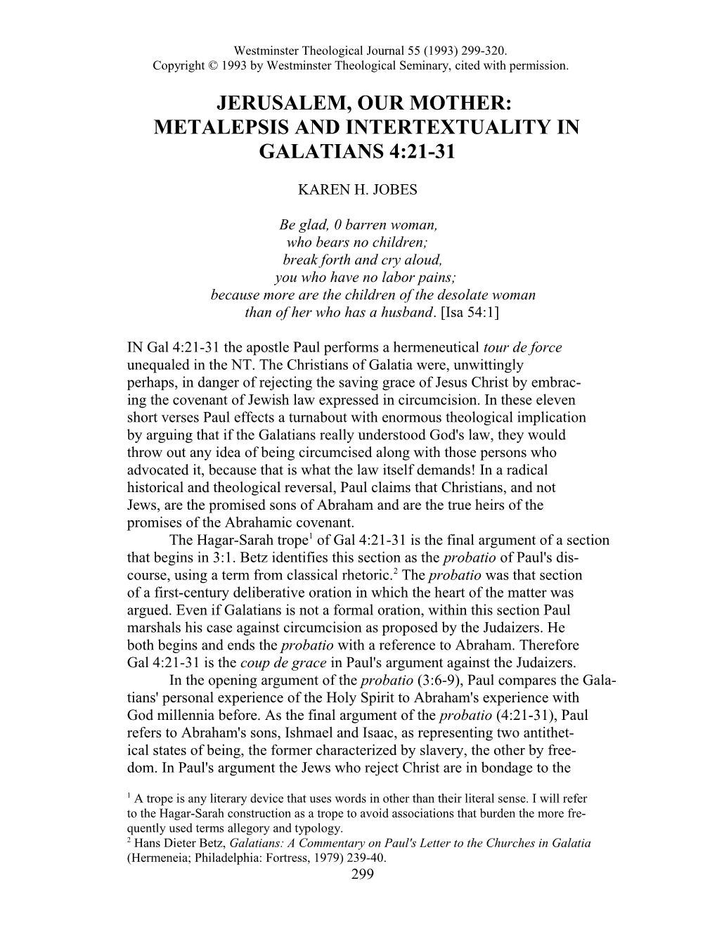 Jerusalem, Our Mother: Metalepsis and Intertexuality in Galatians 4:21-31