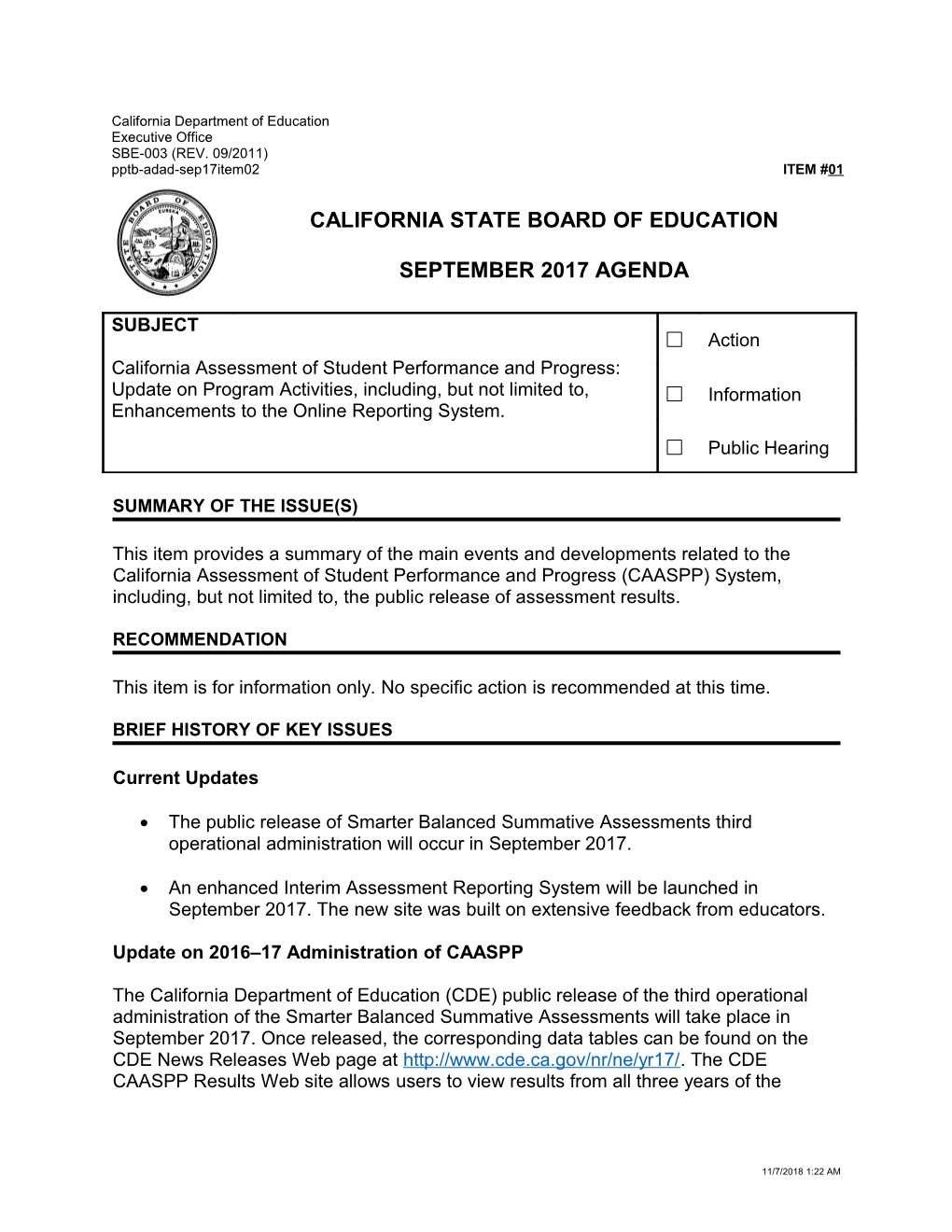 September 2017 Agenda Item 01 - Meeting Agendas (CA State Board of Education)
