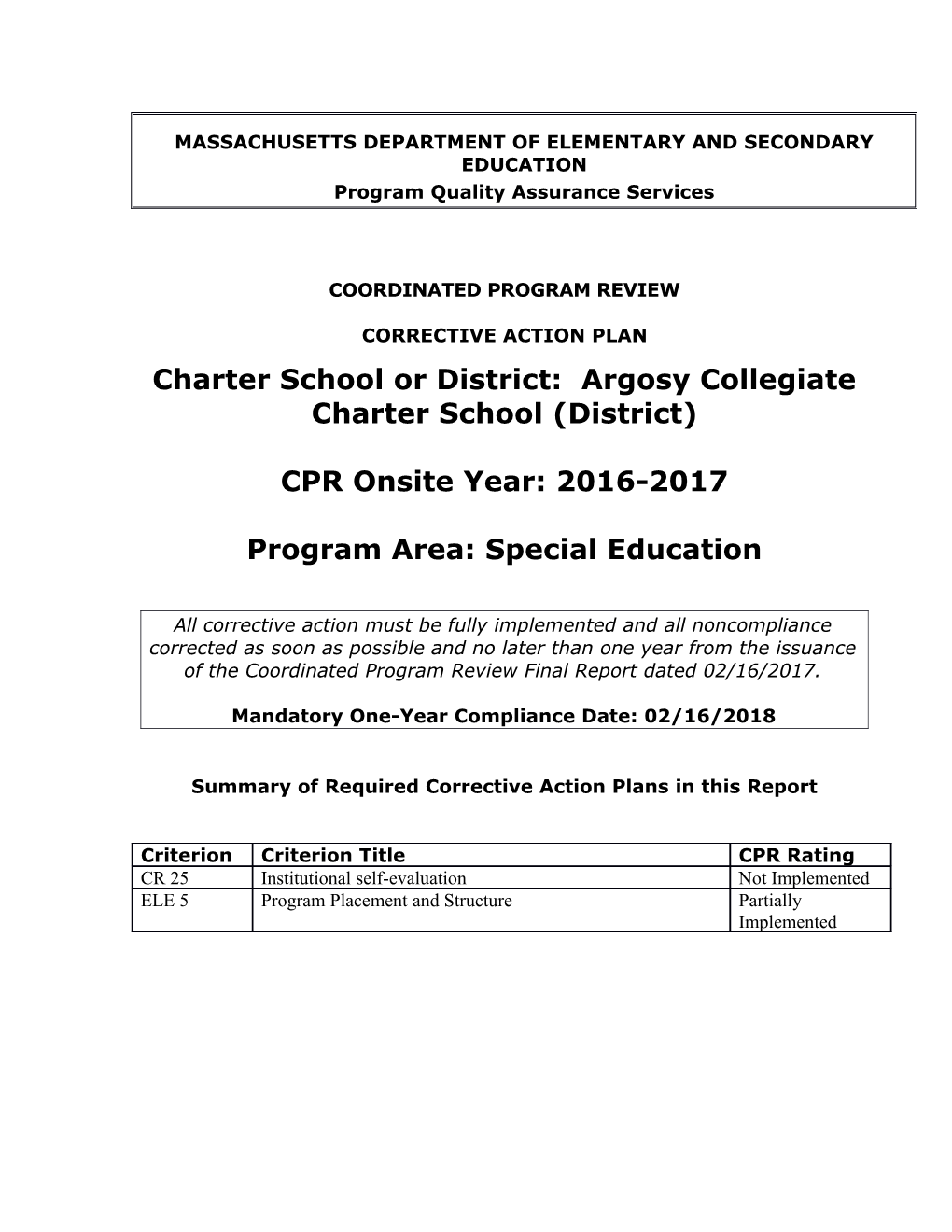 Argosy Collegiate Charter School CAP 2017