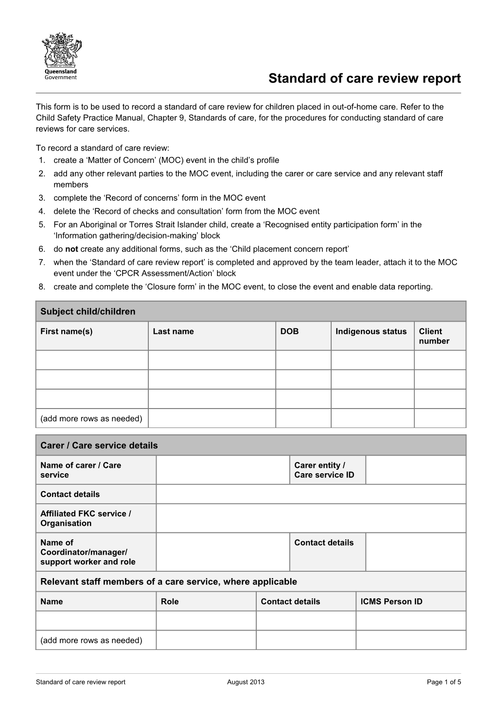 Standard of Care Review Report