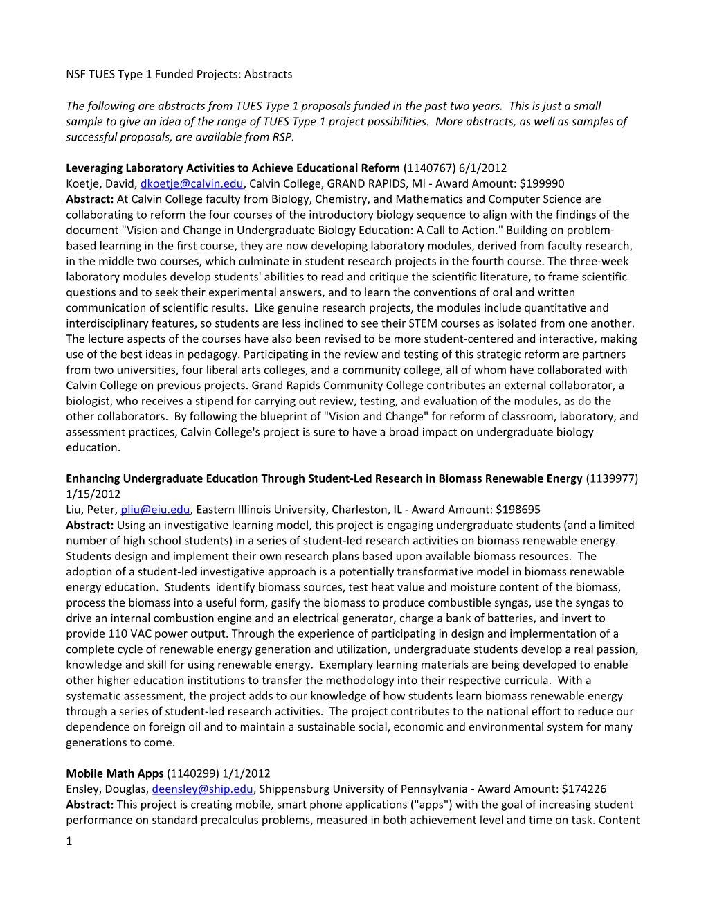 NSF TUES Type 1 Funded Projects: Abstracts