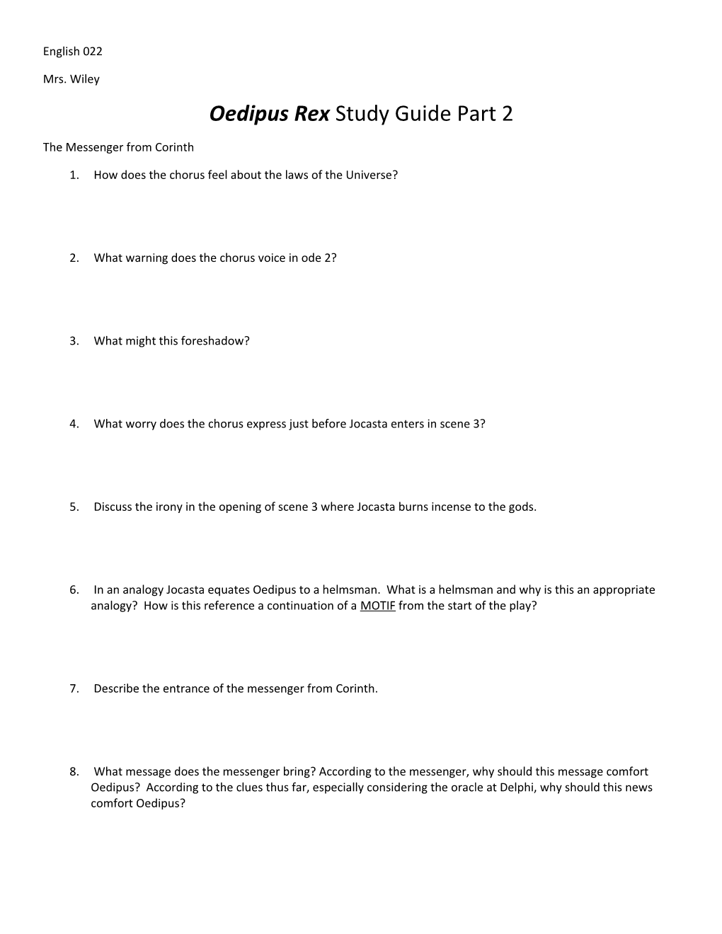 Oedipus Rex Study Guide Part 2