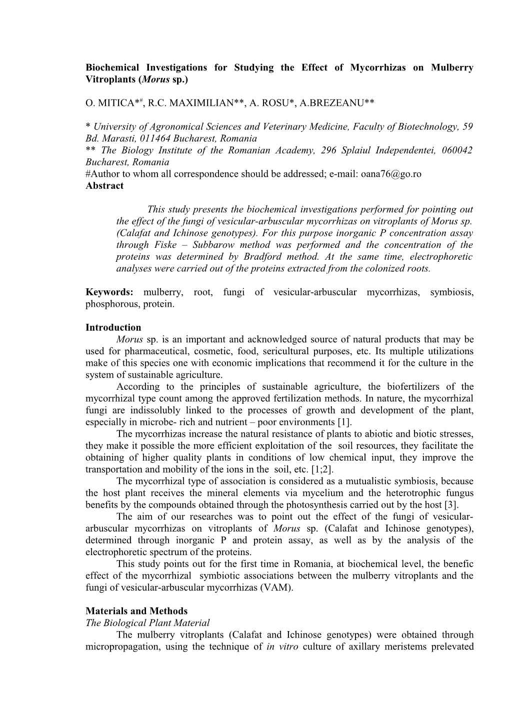 Biochemical Investigations for Studying the Effect of Mycorrhizas on Mulberry Vitroplants