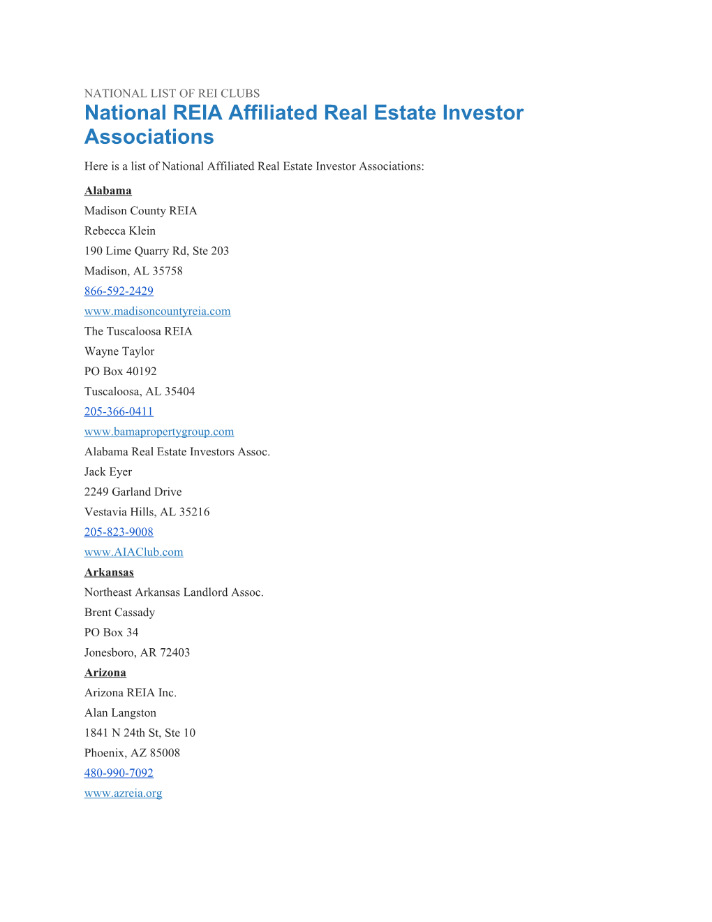 National REIA Affiliated Real Estate Investor Associations