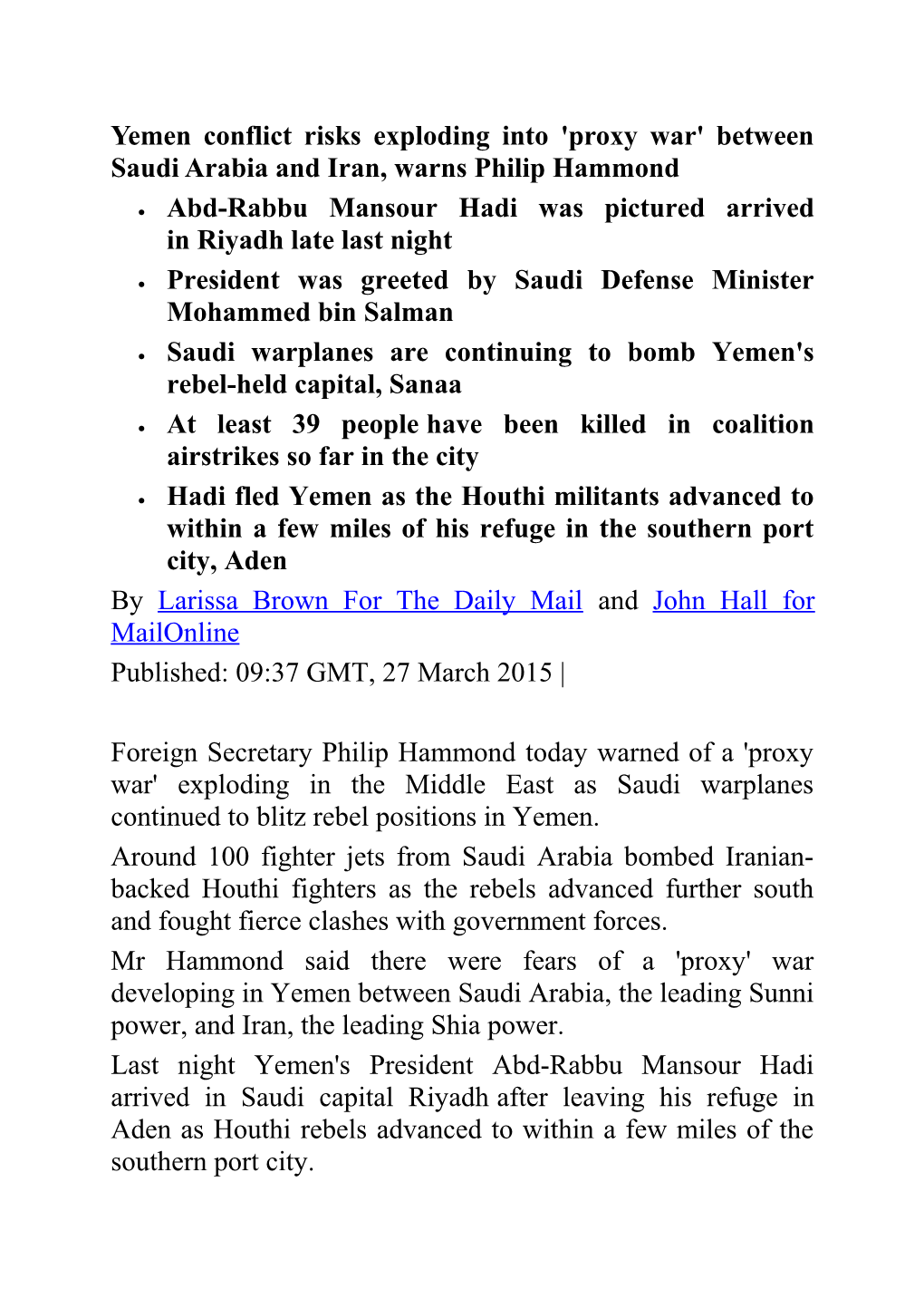 Yemen Conflict Risks Exploding Into 'Proxy War' Between Saudi Arabia and Iran, Warns Philip