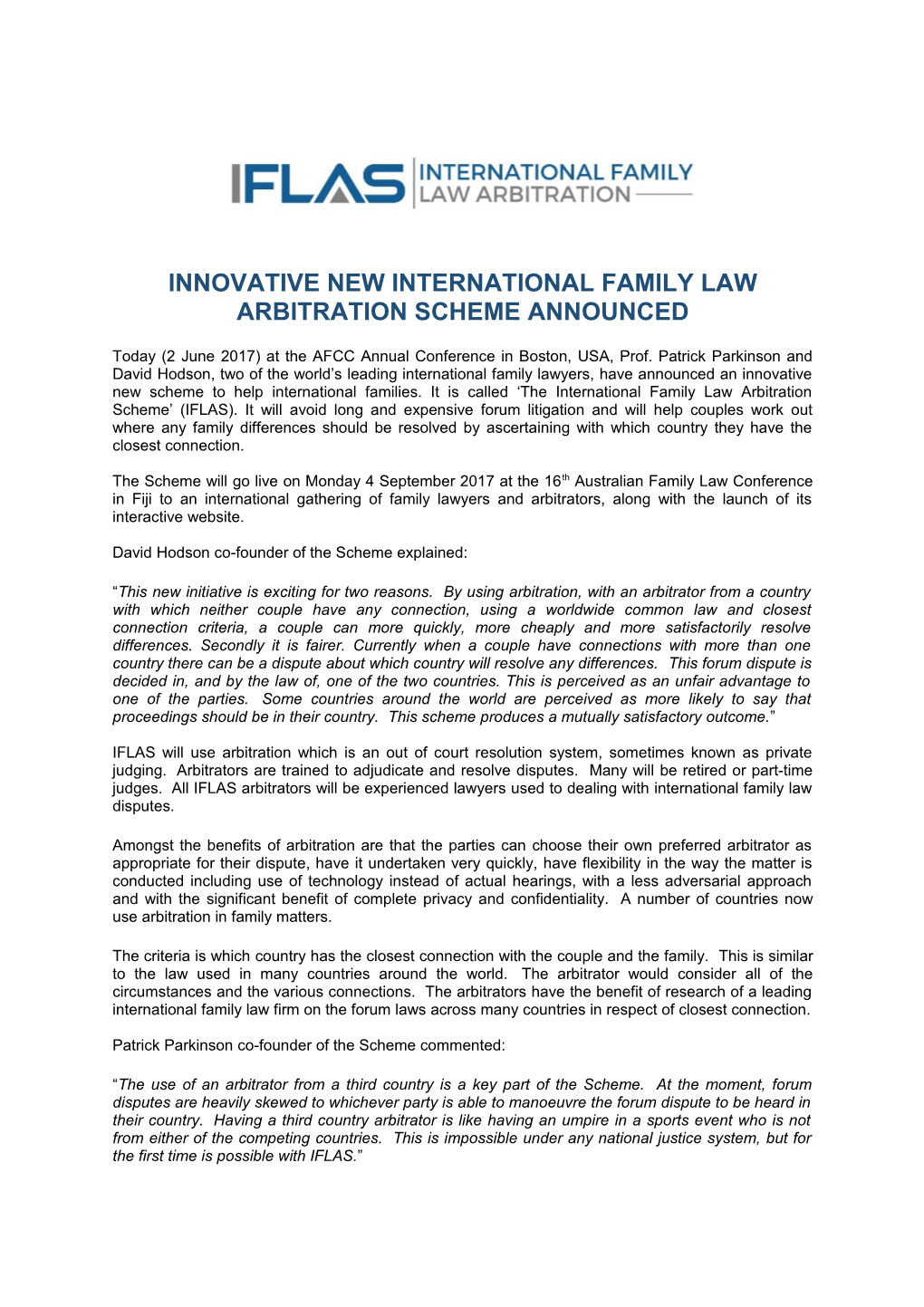 Innovative New International Family Law Arbitration Scheme Announced