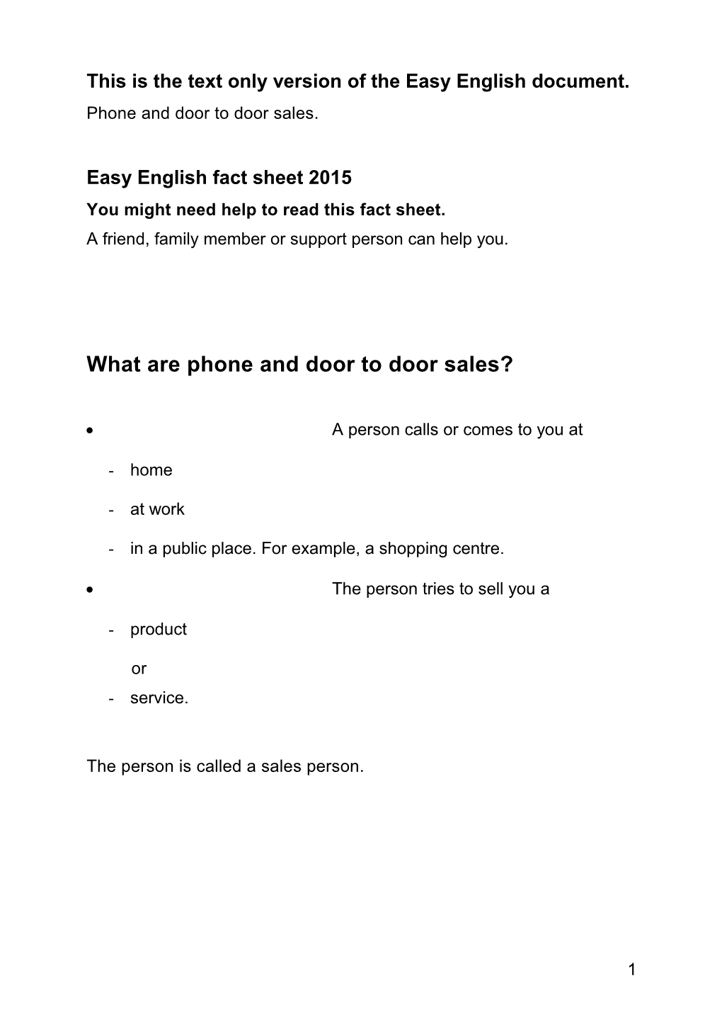 Phone and Door to Door Sales Easy English Factsheet