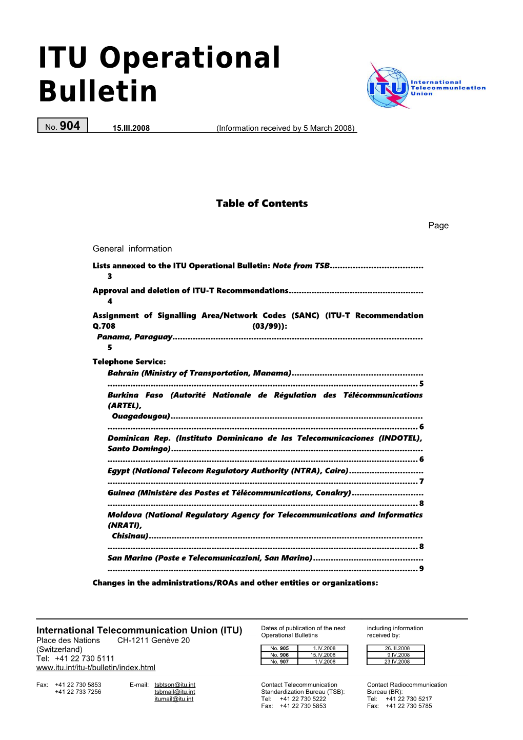 ITU Operational Bulletin No.904 Du 15.III.2008