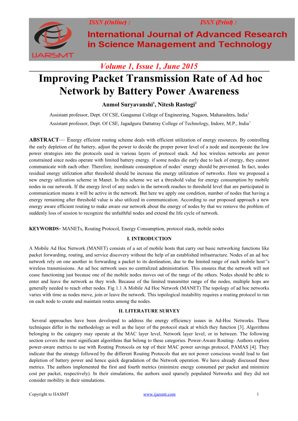 Improving Packet Transmission Rate of Ad Hoc Network by Battery Power Awareness