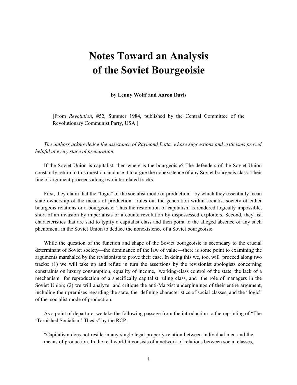 Notes Toward an Analysis