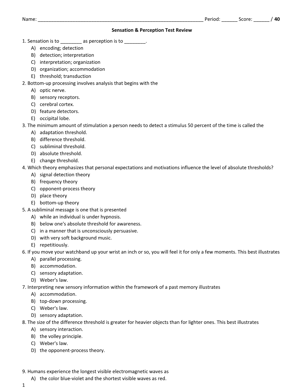 Sensation & Perception Test Review