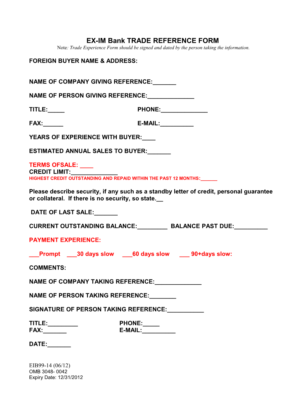 EX-IM Bank TRADE REFERENCE FORM