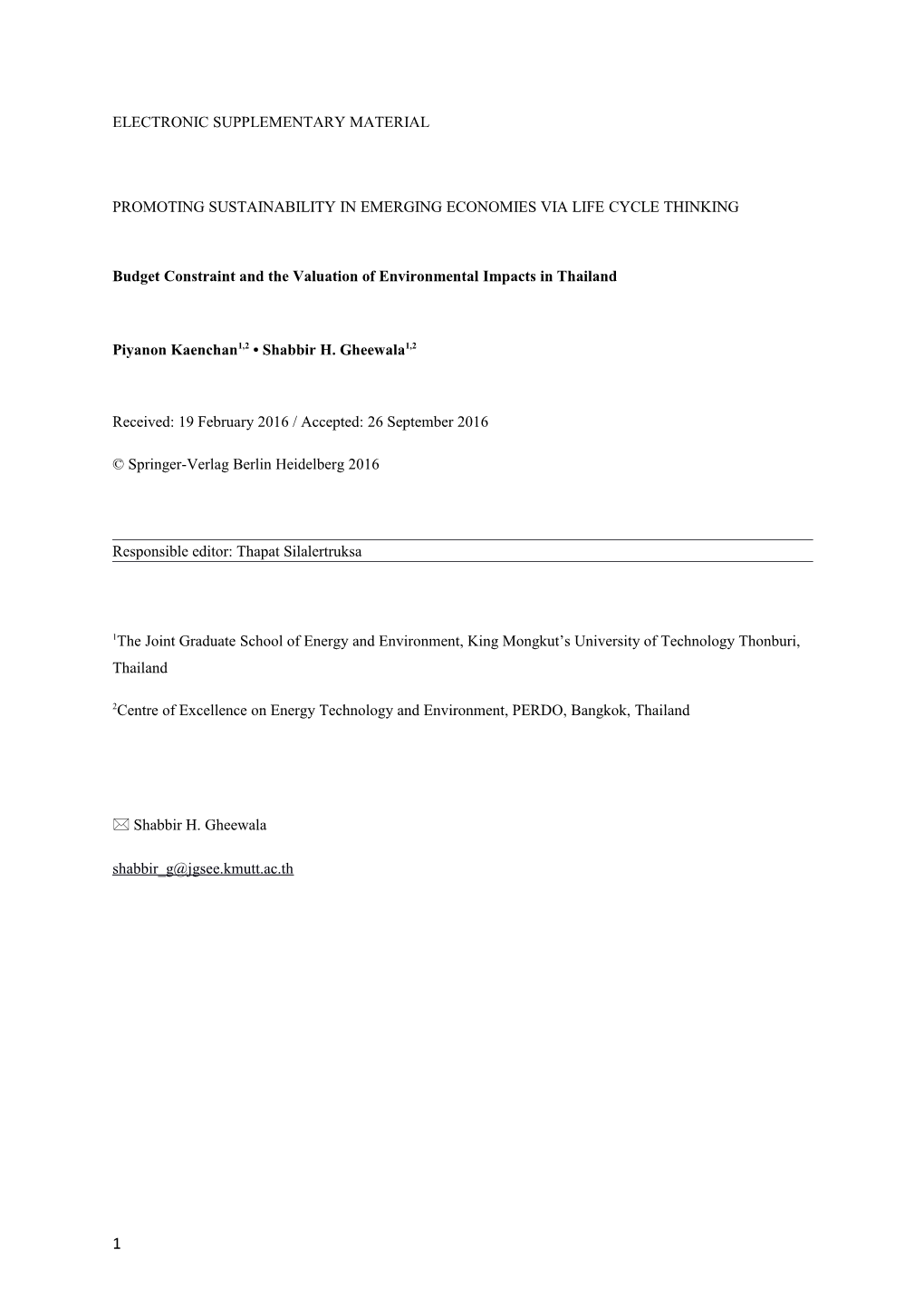 Budget Constraint and the Valuation of Environmental Impacts in Thailand