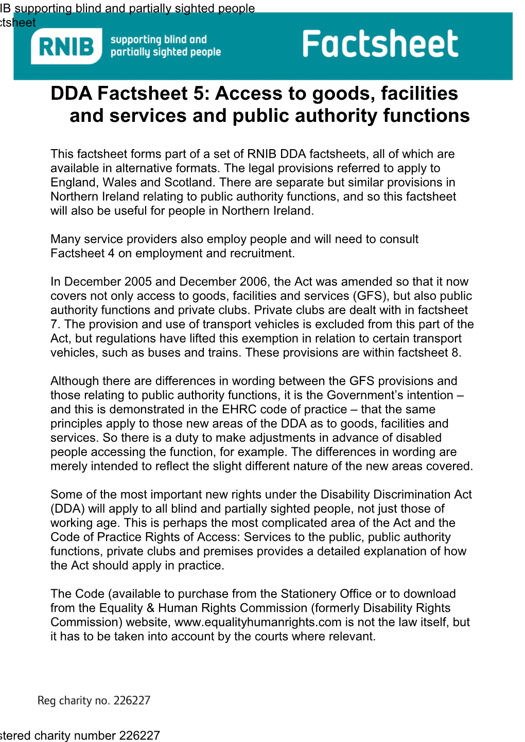 DDA Factsheet 5: Access to Goods, Facilities and Services and Public Authority Functions