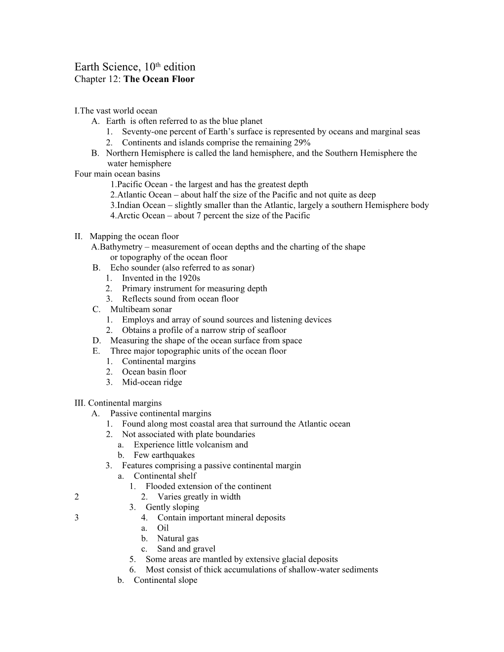 Chapter 18 the Ocean Floor Outline (NOTE NEW CHAPTER TITLE)