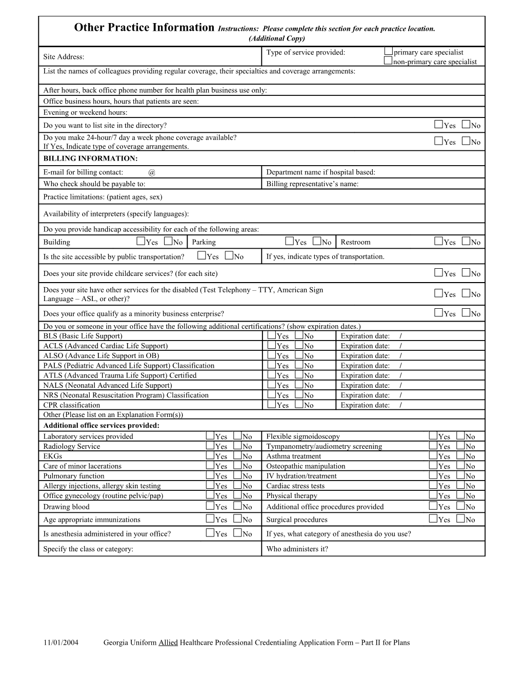 11/01/2004 Georgia Uniform Allied Healthcare Professional Credentialing Application Form