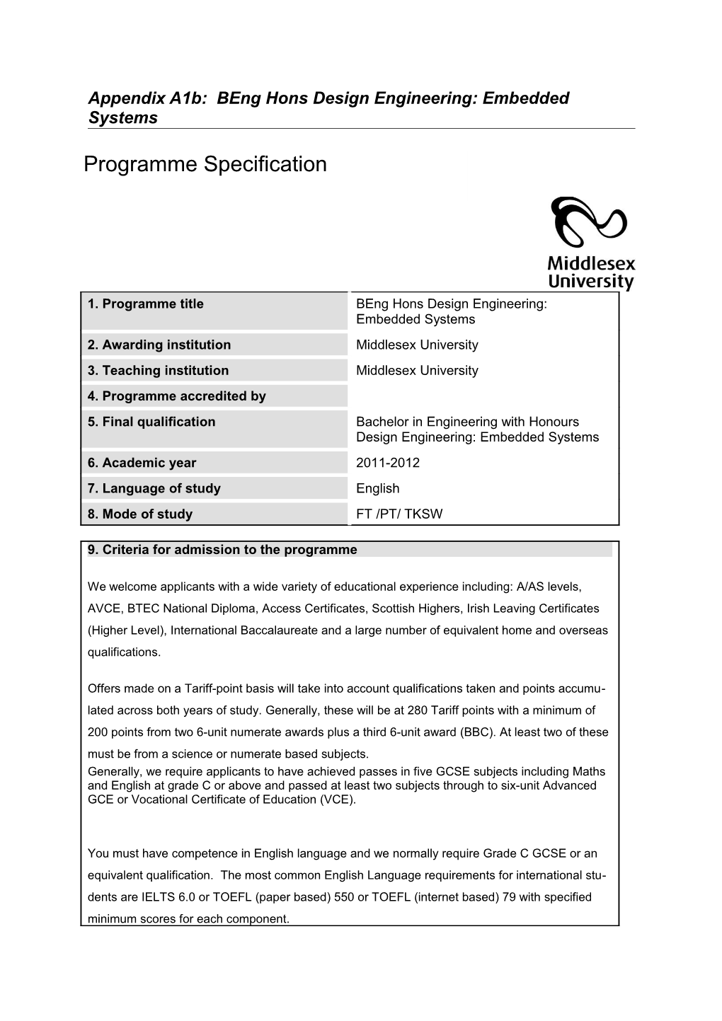 Appendix A1b: Beng Hons Design Engineering: Embedded Systems