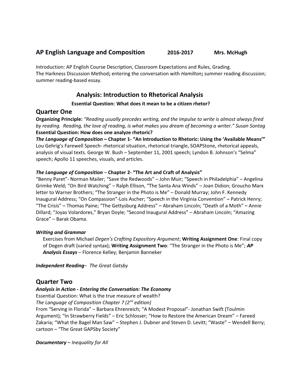 AP English Language and Composition 2016-2017Mrs. Mchugh