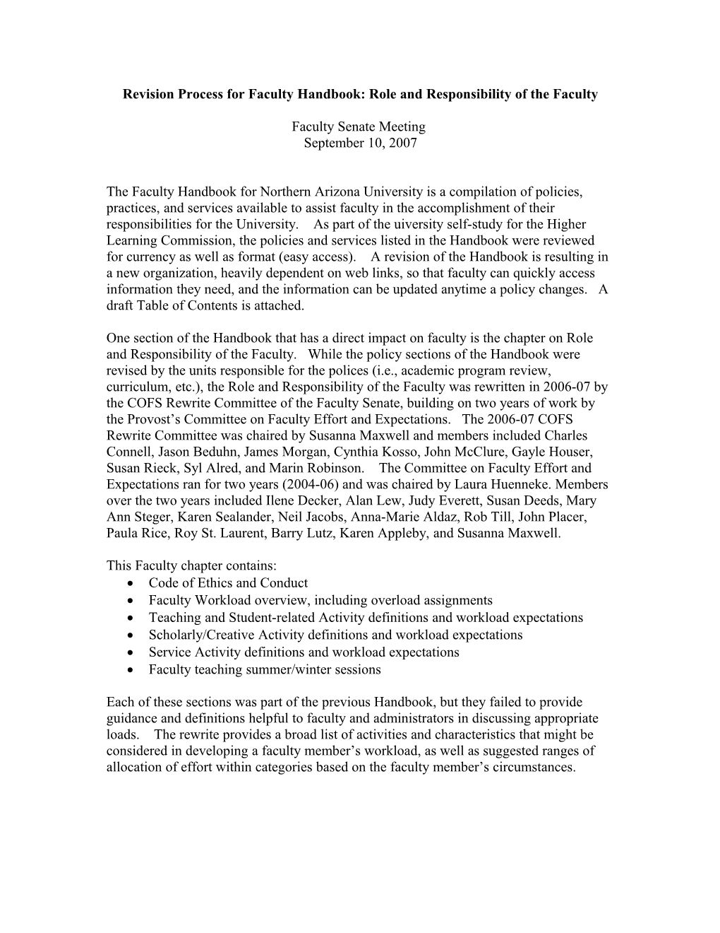Revision Process for Faculty Handbook: Role and Responsibility of the Faculty