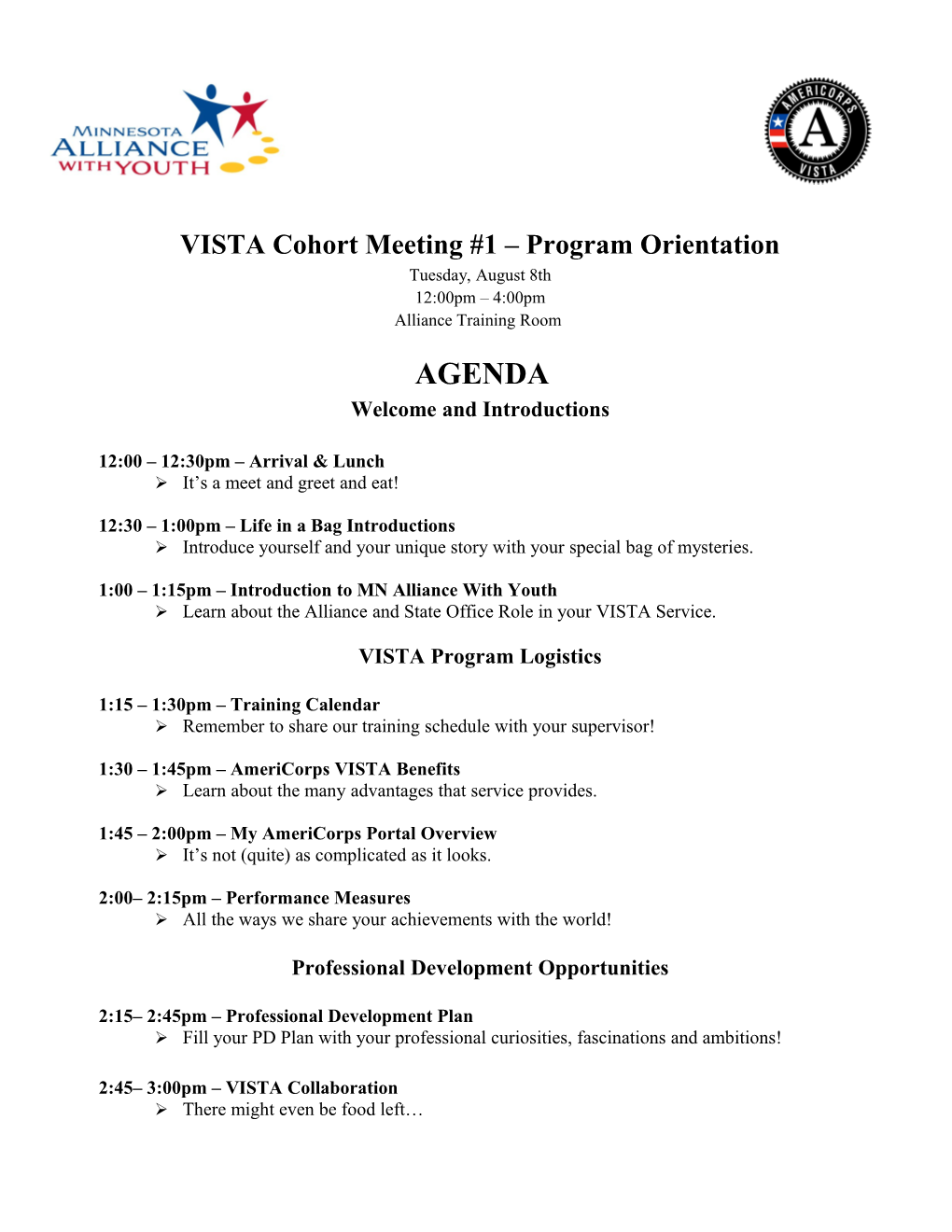 VISTA Cohort Meeting #1 Program Orientation