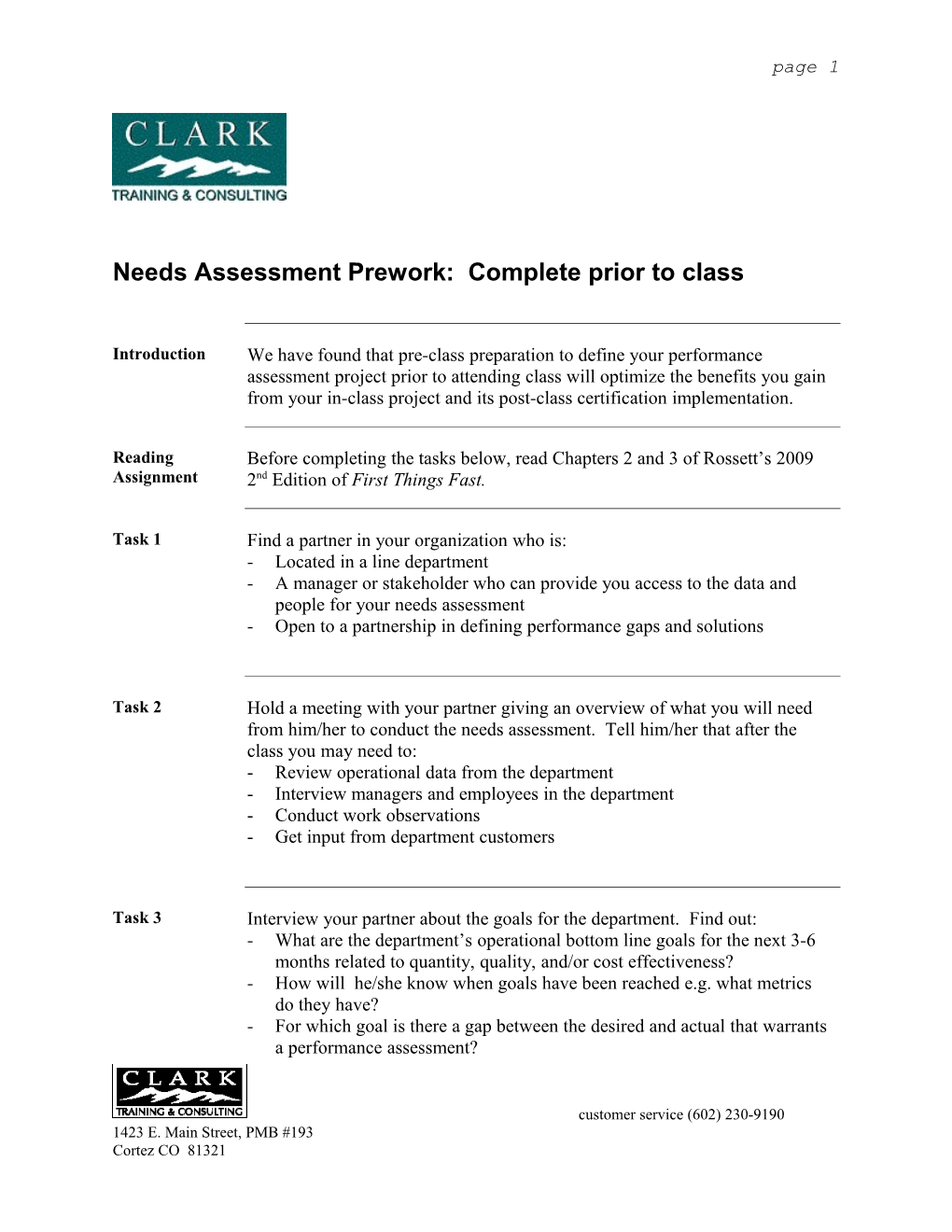 Needs Assessment Worksheet: Complete Prior to Class