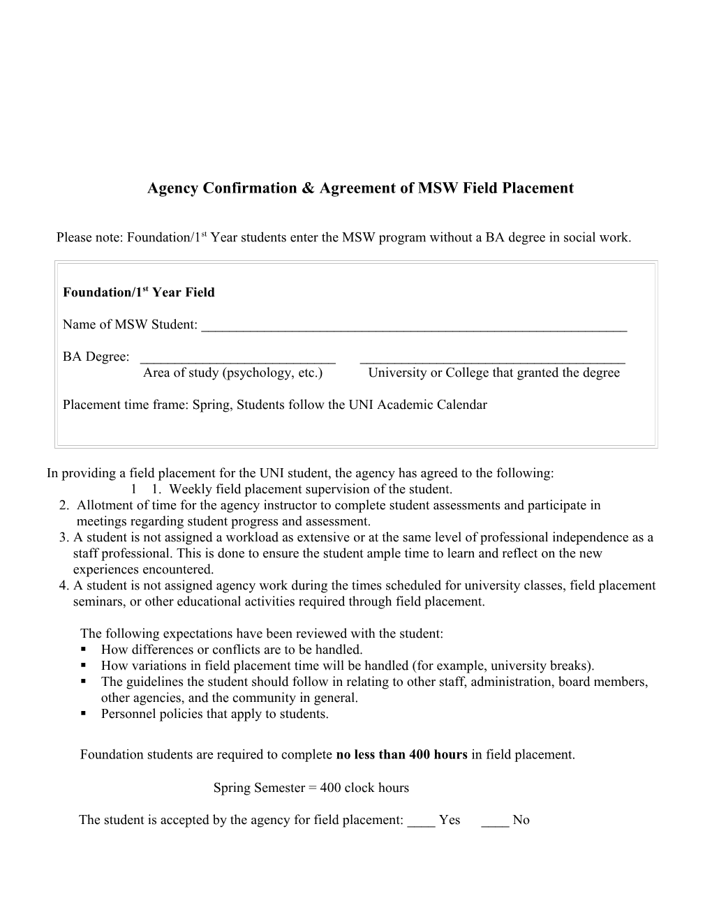 Agency Confirmation of MSW Practicum Placement