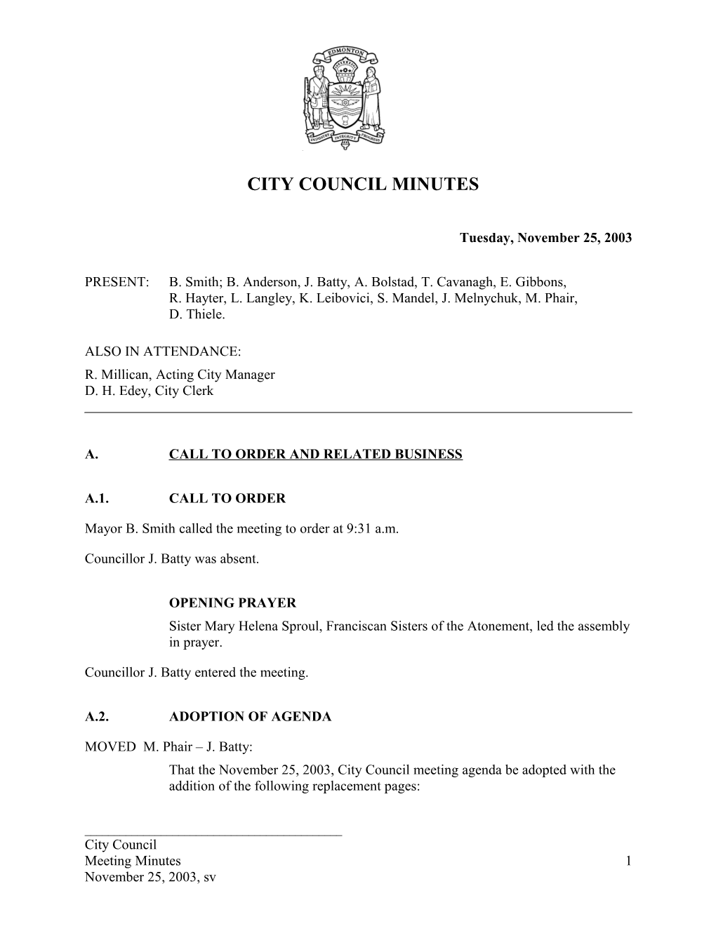 Minutes for City Council November 25, 2003 Meeting