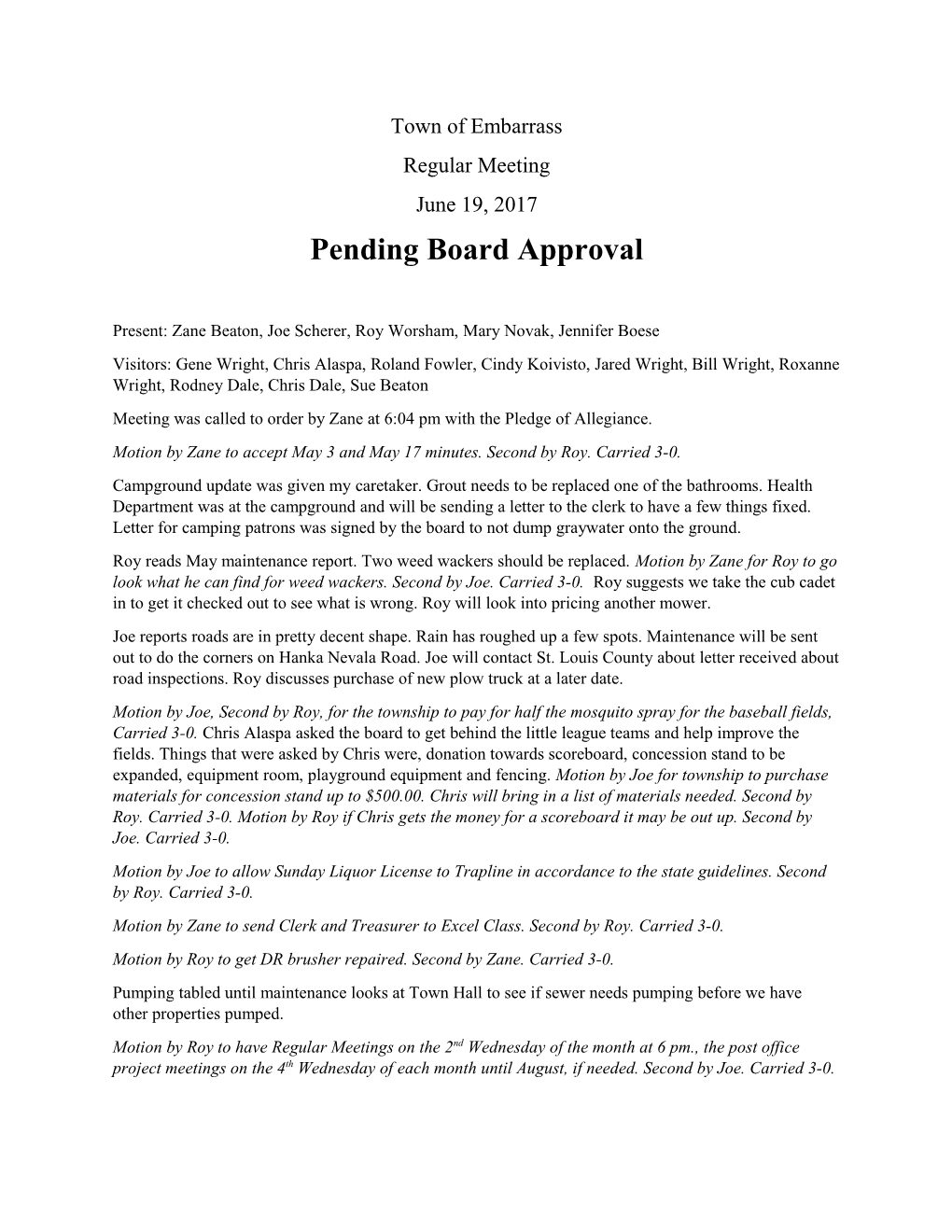 Pending Board Approval