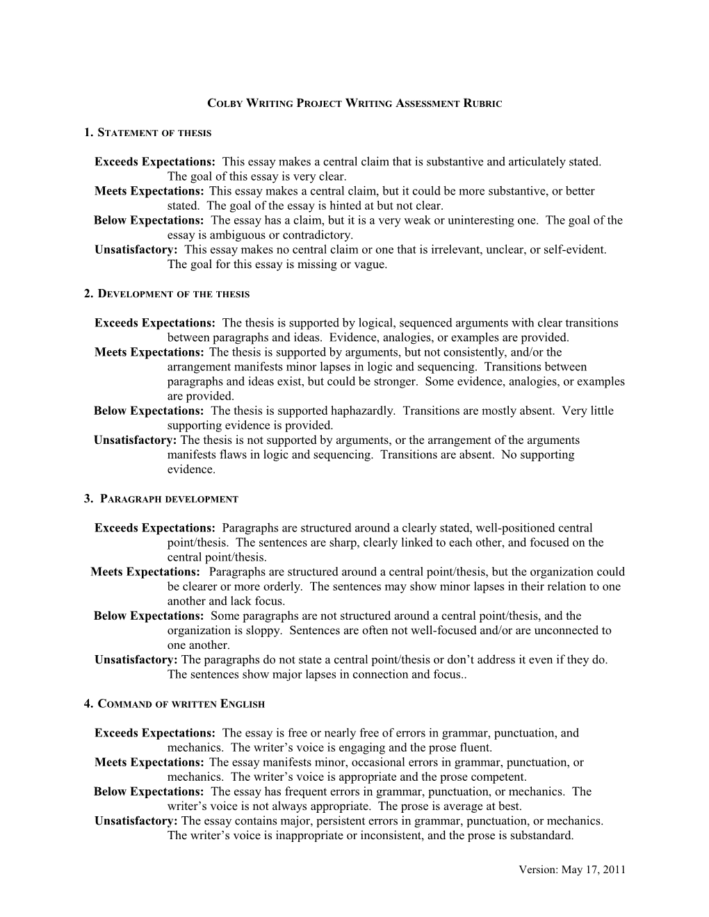 Colby Writing Project Writing Assessment Rubric