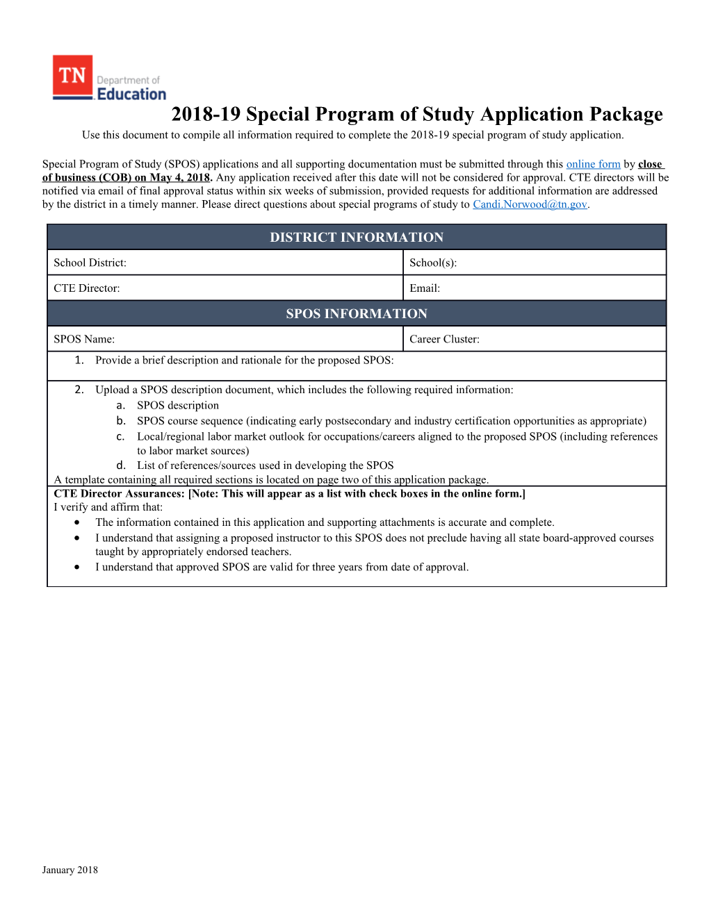 2018-19 Special Program of Study Application Package