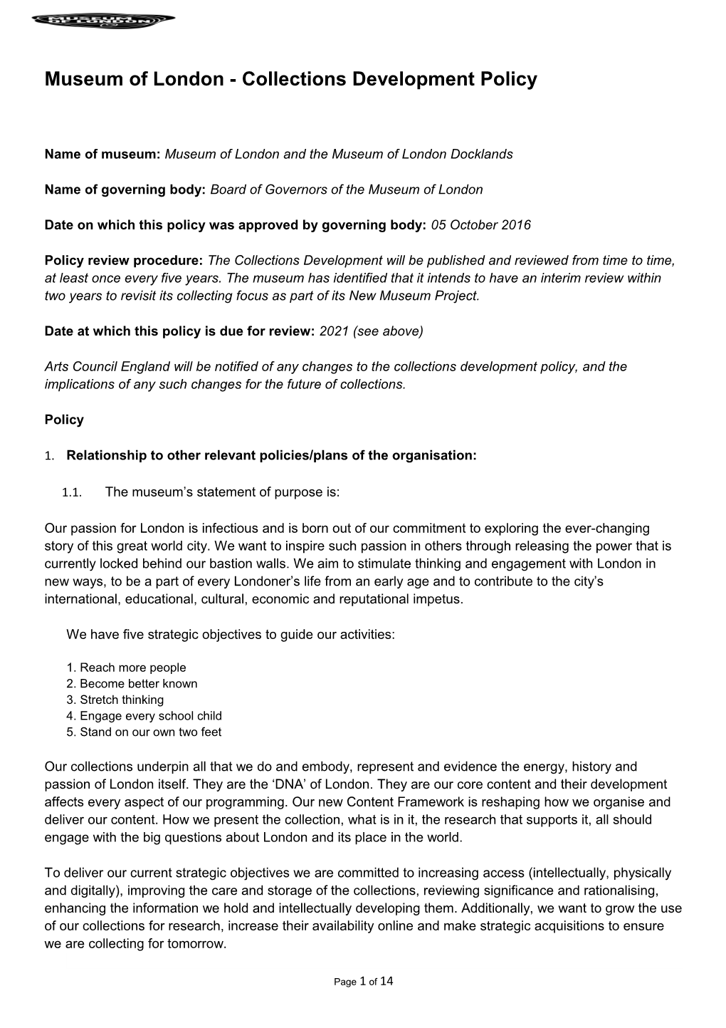 Museum of London - Collections Development Policy