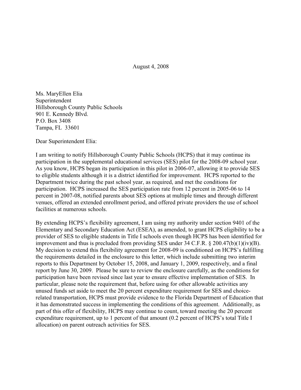 Letter Confirming Hillsborough County Public Schools to Continue Its Participation in Providing