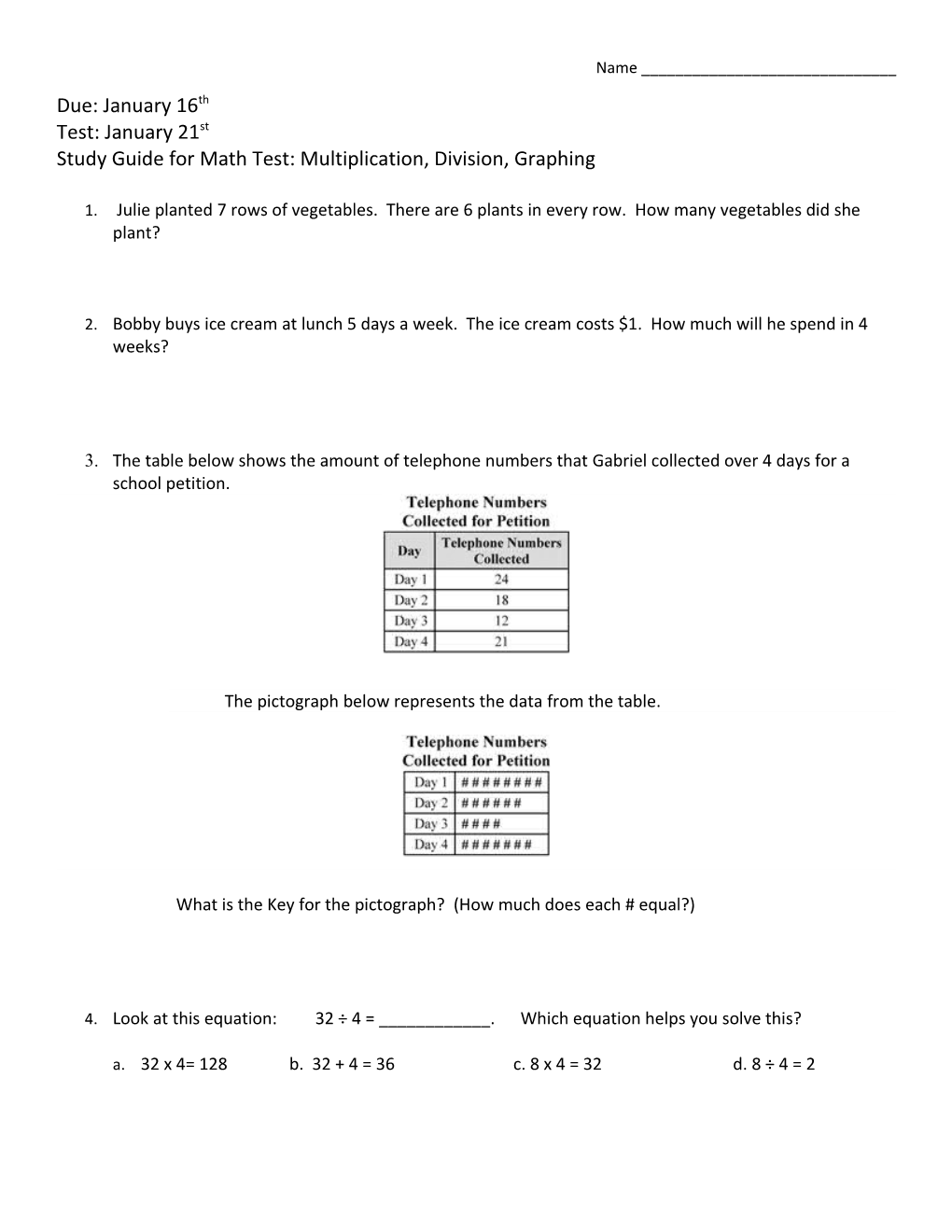 Study Guide for Math Test: Multiplication, Division, Graphing