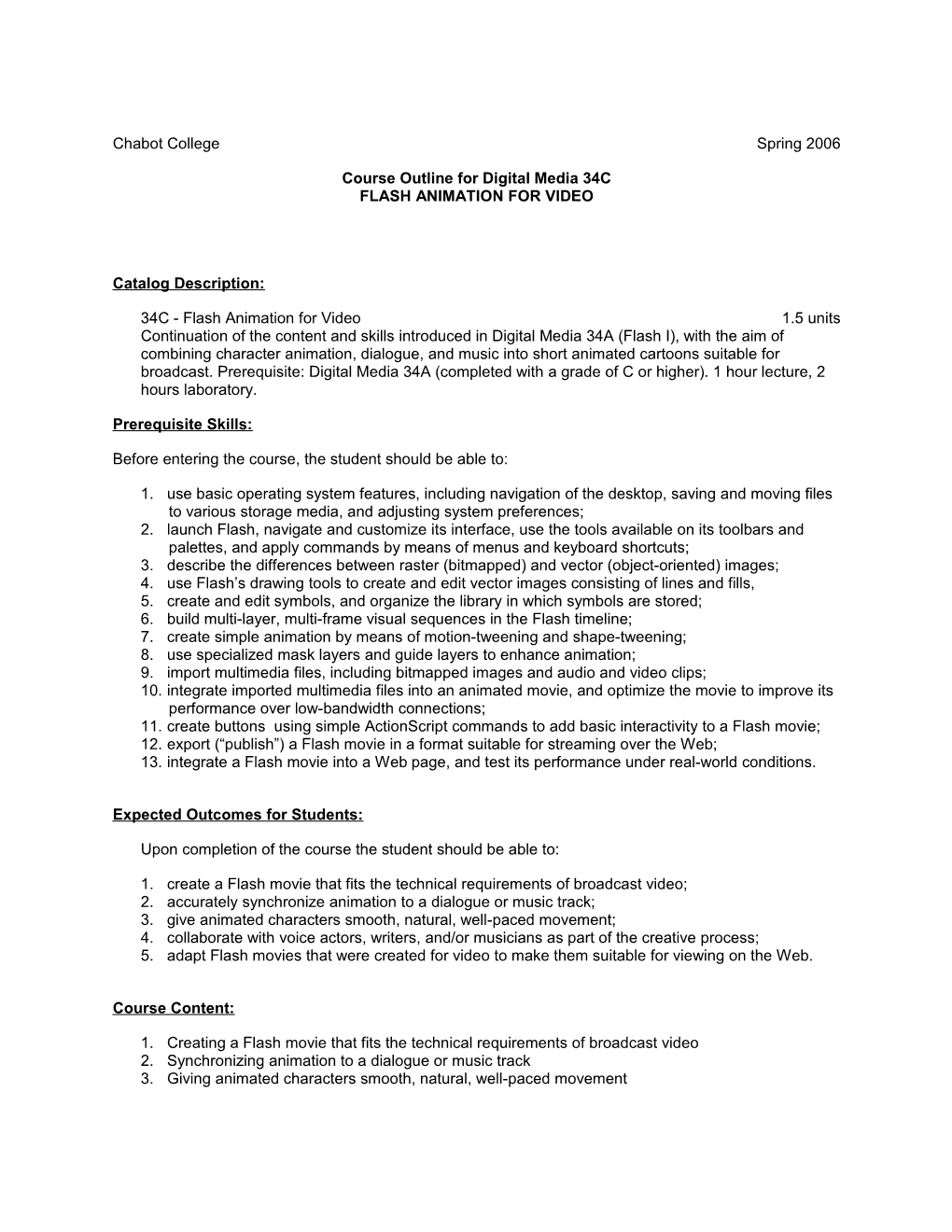 Course Outline for Digital Media 34B, Page 1