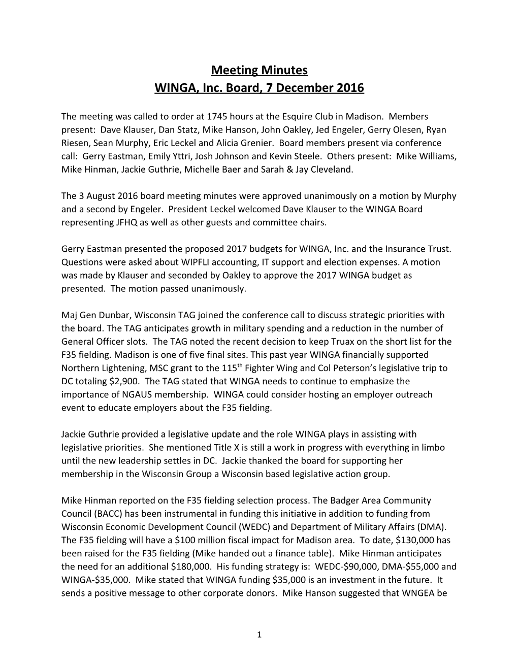WINGA, Inc. Board, 7 December 2016