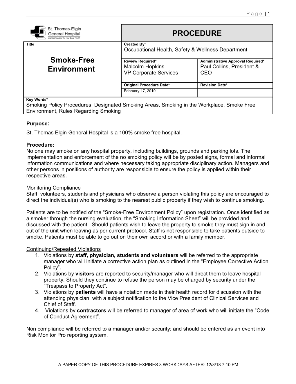 St. Thomas Elgin General Hospital Is a 100% Smoke Free Hospital