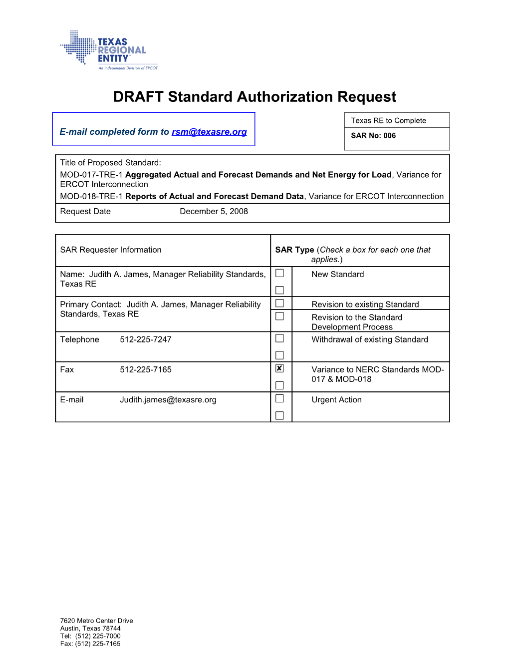 SAR-006,Variance for ERCOT Interconnection for MOD-017 and MOD-018