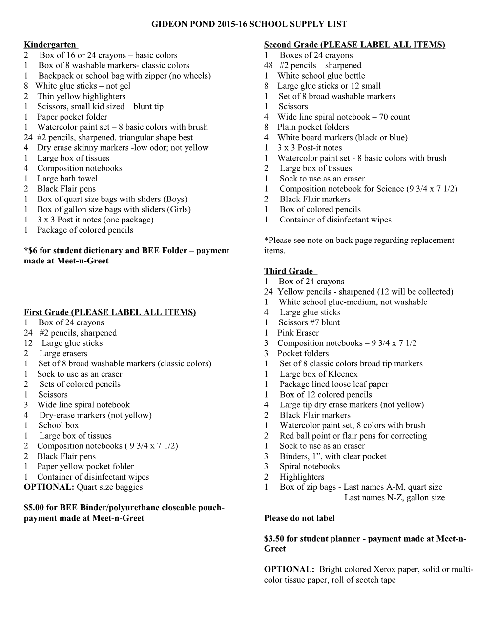 Gideon Pond 1999-2000 School Supply List