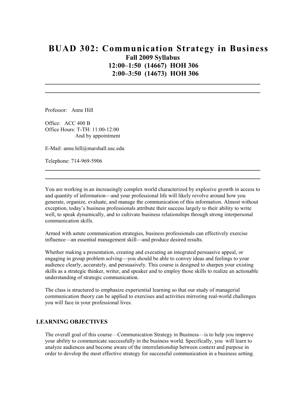 BUAD 302: Communication Strategy in Business