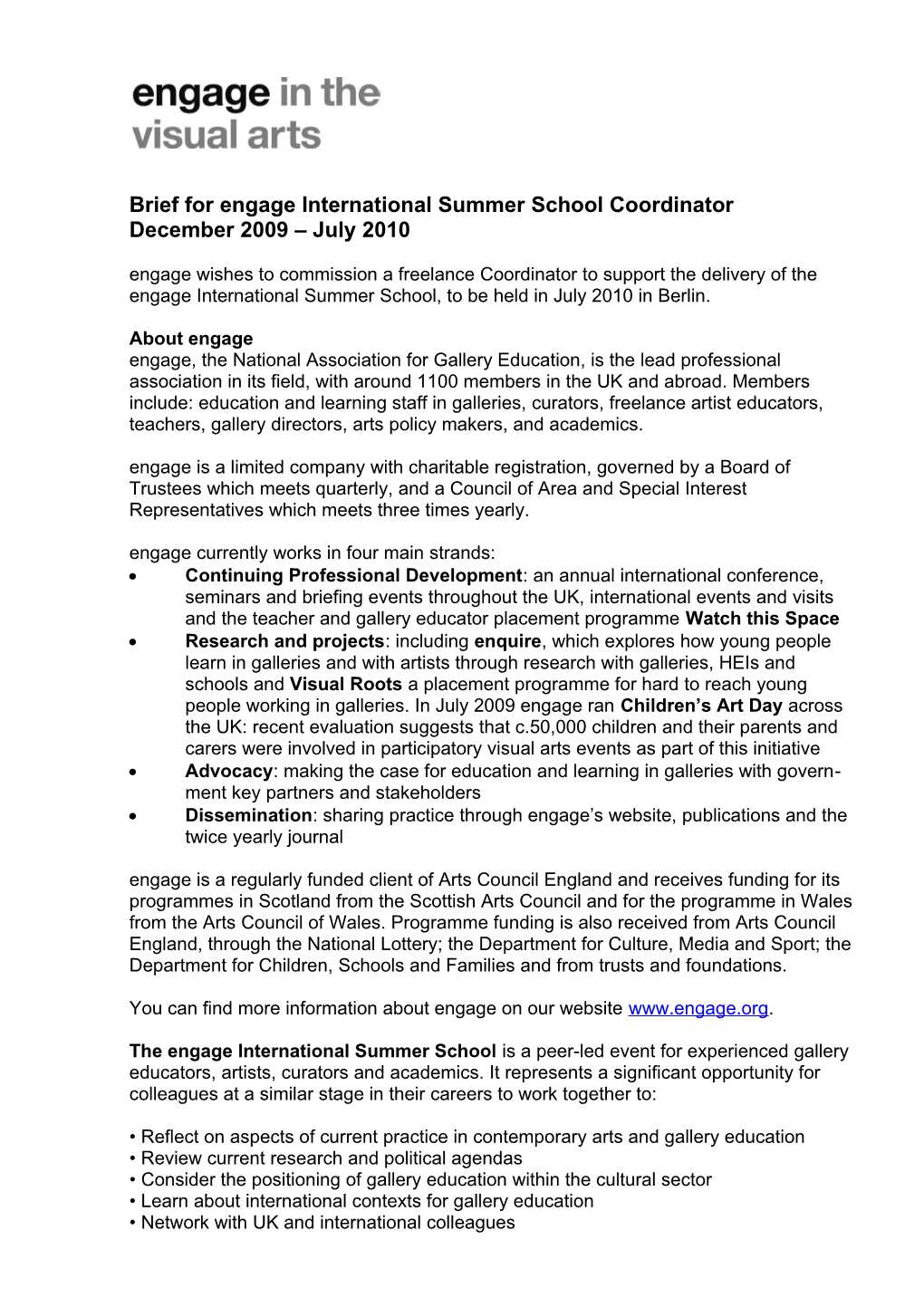 Brief for Engage International Summer School Coordinator
