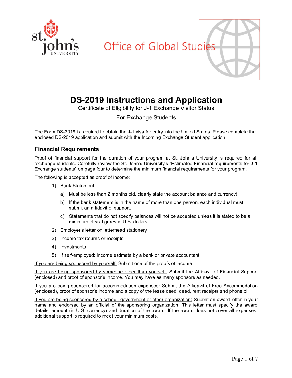 DS-2019 Instructions and Application